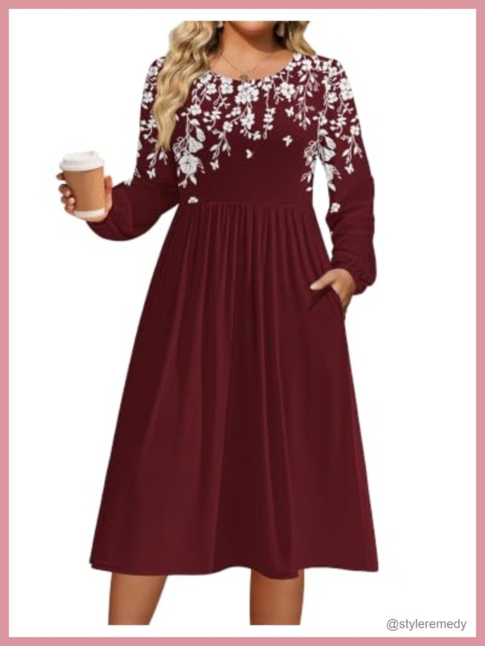 Plus Size Long Sleeve Midi Dress A-Line Crew Neck Pockets Fall Casual